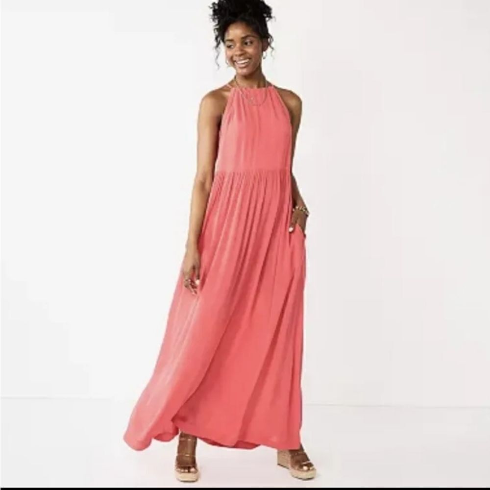 SO Salmon Coral Maxi Dress Sleeveless Tide Back Summer Rayon Dress Size XXL